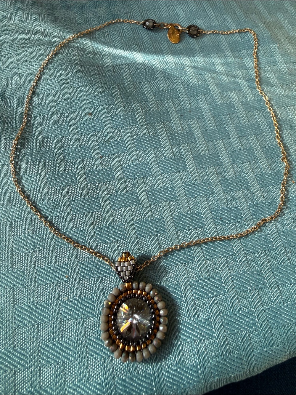 Miguel Ases Necklace — 12k Gold Filled, Swarovski Crystal Beaded Pendant, 16